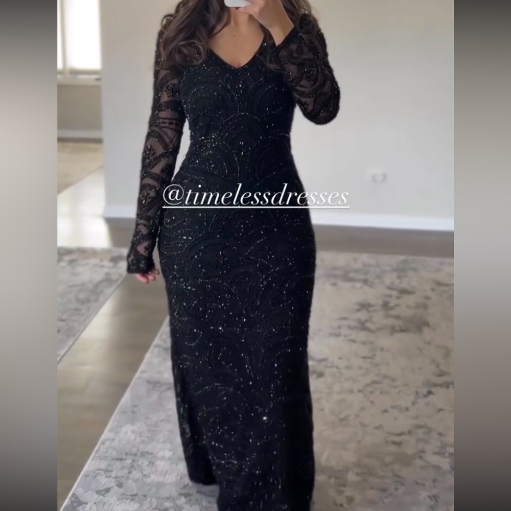Elegant Black Long Sleeve Beaded Dress